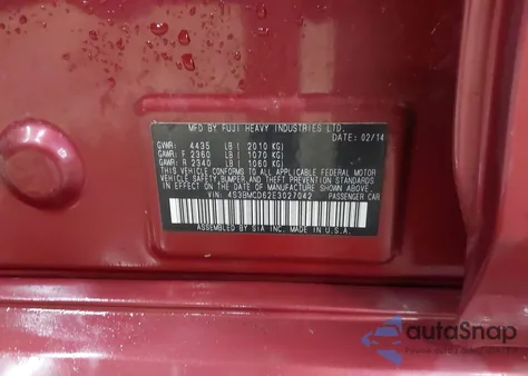 2014 Subaru Legacy 2.5I Premium z USA, uszkodzony, nr VIN 4S3BMCD62E3027042